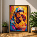 Vibrant mosaic style painting of Mary and Child showing the Virgin Mary gently embracing baby Jesus with both surrounded by glowing golden halos, rendered with bold geometric brushstrokes in bright blues, oranges, reds, and yellows forming a colorful devotional Christian portrait.