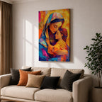 Vibrant mosaic style painting of Mary and Child showing the Virgin Mary gently embracing baby Jesus with both surrounded by glowing golden halos, rendered with bold geometric brushstrokes in bright blues, oranges, reds, and yellows forming a colorful devotional Christian portrait.