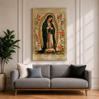 Decorative devotional illustration of Our Lady of Guadalupe standing in prayer with hands folded, wearing a green mantle with golden stars and a pink robe, surrounded by radiant golden rays and an ornate border of blooming roses and floral motifs in a traditional Mexican Catholic icon style.