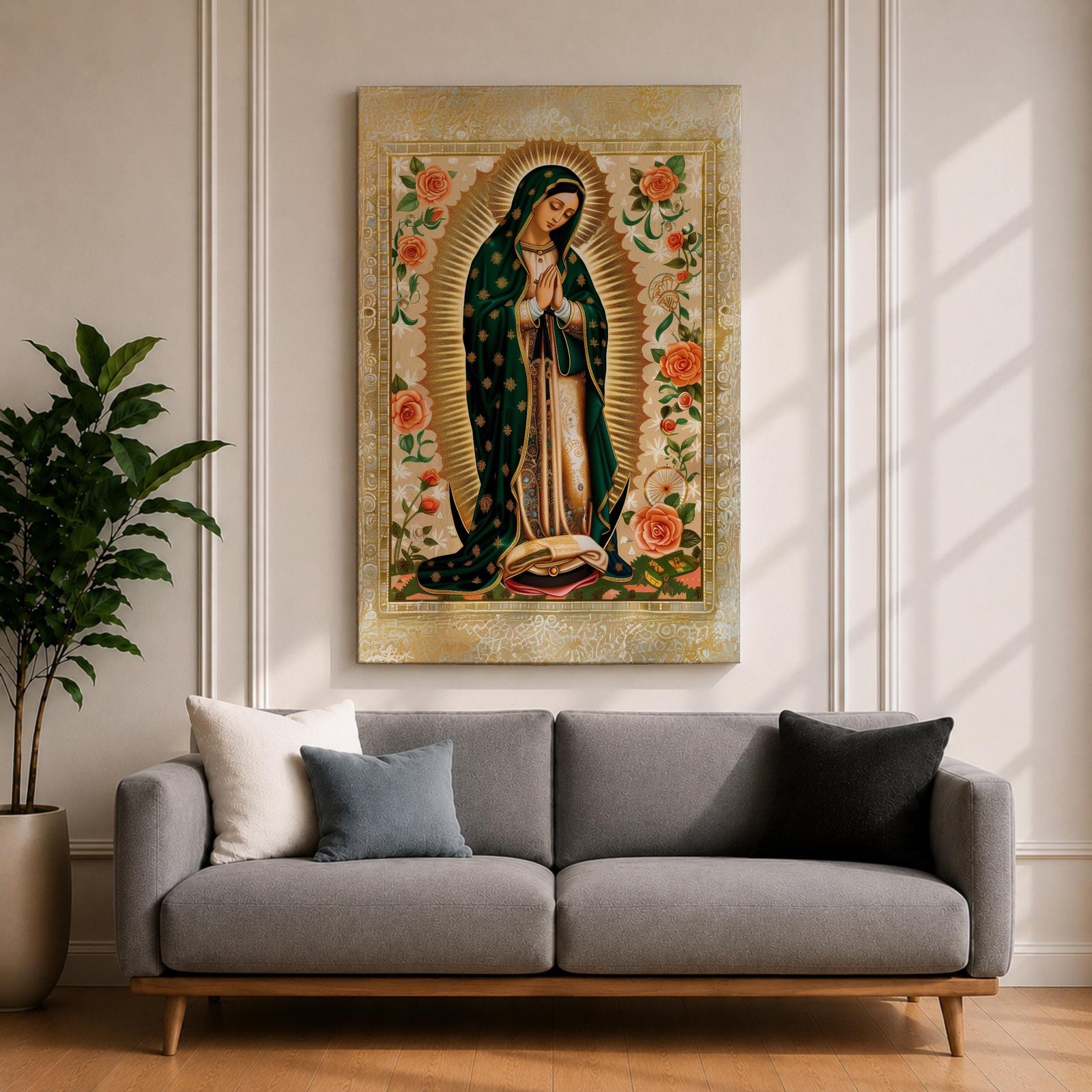 Decorative devotional illustration of Our Lady of Guadalupe standing in prayer with hands folded, wearing a green mantle with golden stars and a pink robe, surrounded by radiant golden rays and an ornate border of blooming roses and floral motifs in a traditional Mexican Catholic icon style.