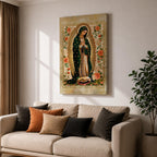Decorative devotional illustration of Our Lady of Guadalupe standing in prayer with hands folded, wearing a green mantle with golden stars and a pink robe, surrounded by radiant golden rays and an ornate border of blooming roses and floral motifs in a traditional Mexican Catholic icon style.