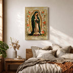 Decorative devotional illustration of Our Lady of Guadalupe standing in prayer with hands folded, wearing a green mantle with golden stars and a pink robe, surrounded by radiant golden rays and an ornate border of blooming roses and floral motifs in a traditional Mexican Catholic icon style.