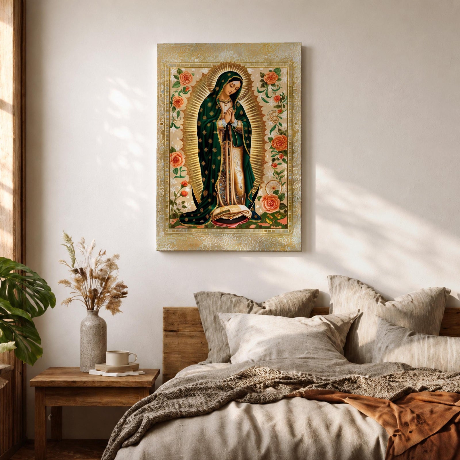 Decorative devotional illustration of Our Lady of Guadalupe standing in prayer with hands folded, wearing a green mantle with golden stars and a pink robe, surrounded by radiant golden rays and an ornate border of blooming roses and floral motifs in a traditional Mexican Catholic icon style.