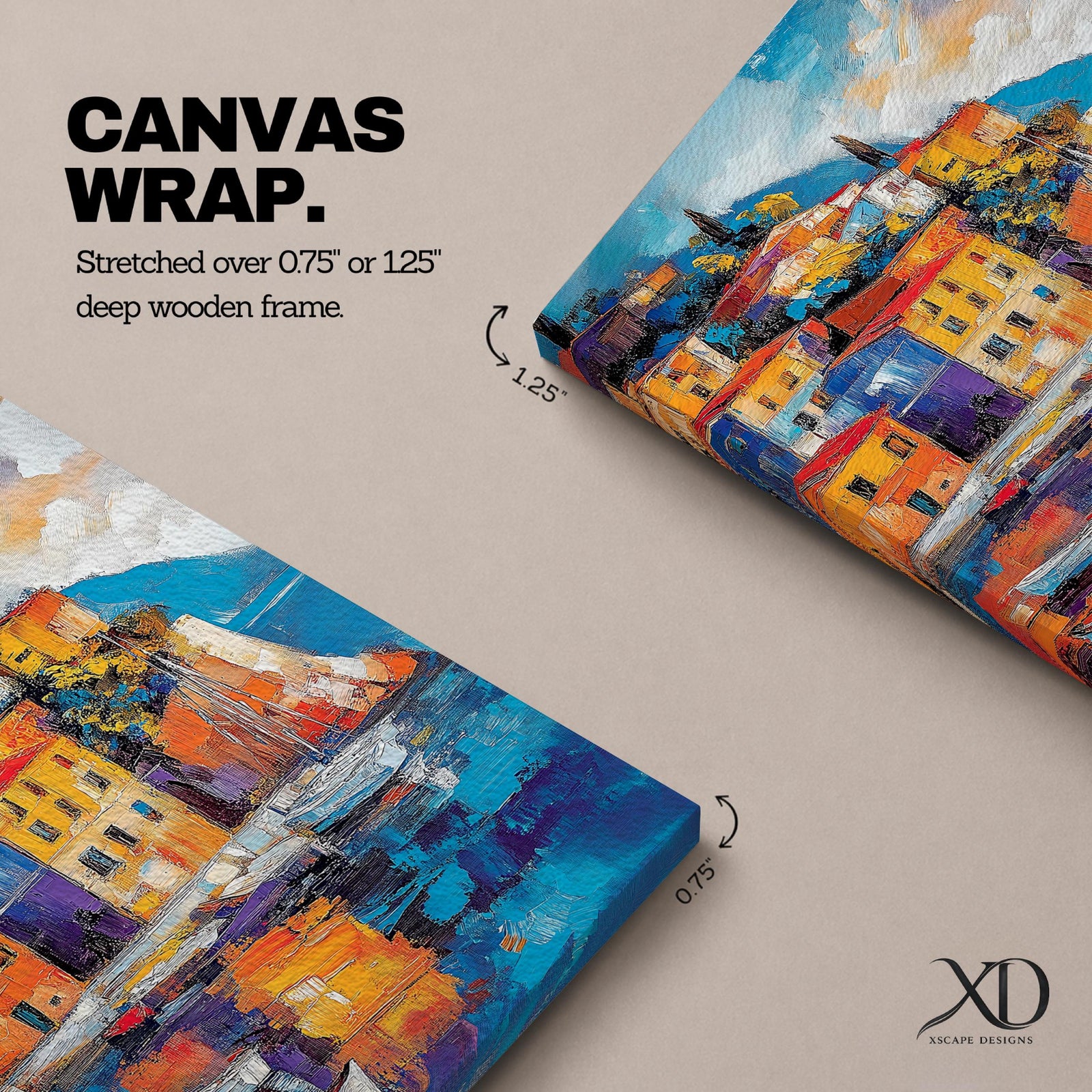 This impasto style framed canvas depicts a vibrant Italian village perched on a coastal hillside with colorful buildings and boats reflected in the water, capturing the Mediterranean landscape with textured brushstrokes and bold colors.