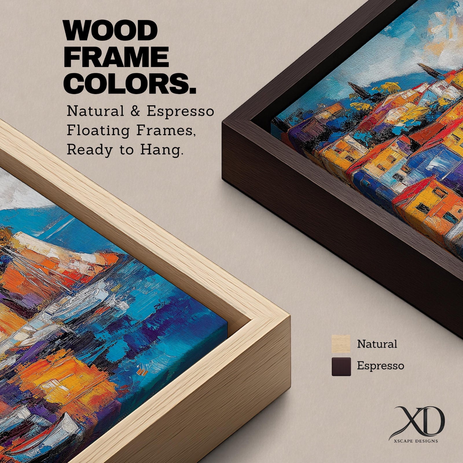 This impasto style framed canvas depicts a vibrant Italian village perched on a coastal hillside with colorful buildings and boats reflected in the water, capturing the Mediterranean landscape with textured brushstrokes and bold colors.