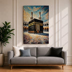 Textured painting of the Kaaba at Masjid Al Haram in Mecca showing the black cube with gold calligraphy bands centered in the mosque courtyard, surrounded by arches and two tall minarets under a dramatic blue sky rendered with thick palette knife textures.