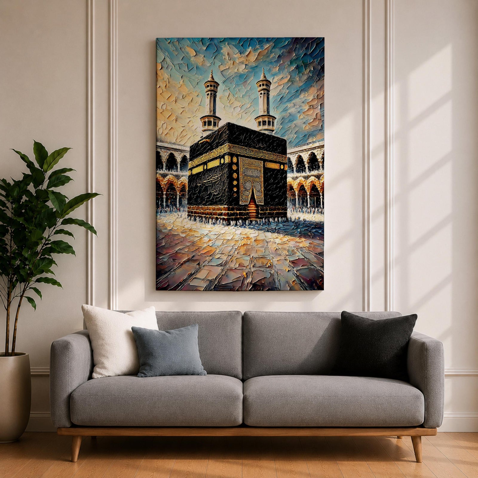 Textured painting of the Kaaba at Masjid Al Haram in Mecca showing the black cube with gold calligraphy bands centered in the mosque courtyard, surrounded by arches and two tall minarets under a dramatic blue sky rendered with thick palette knife textures.