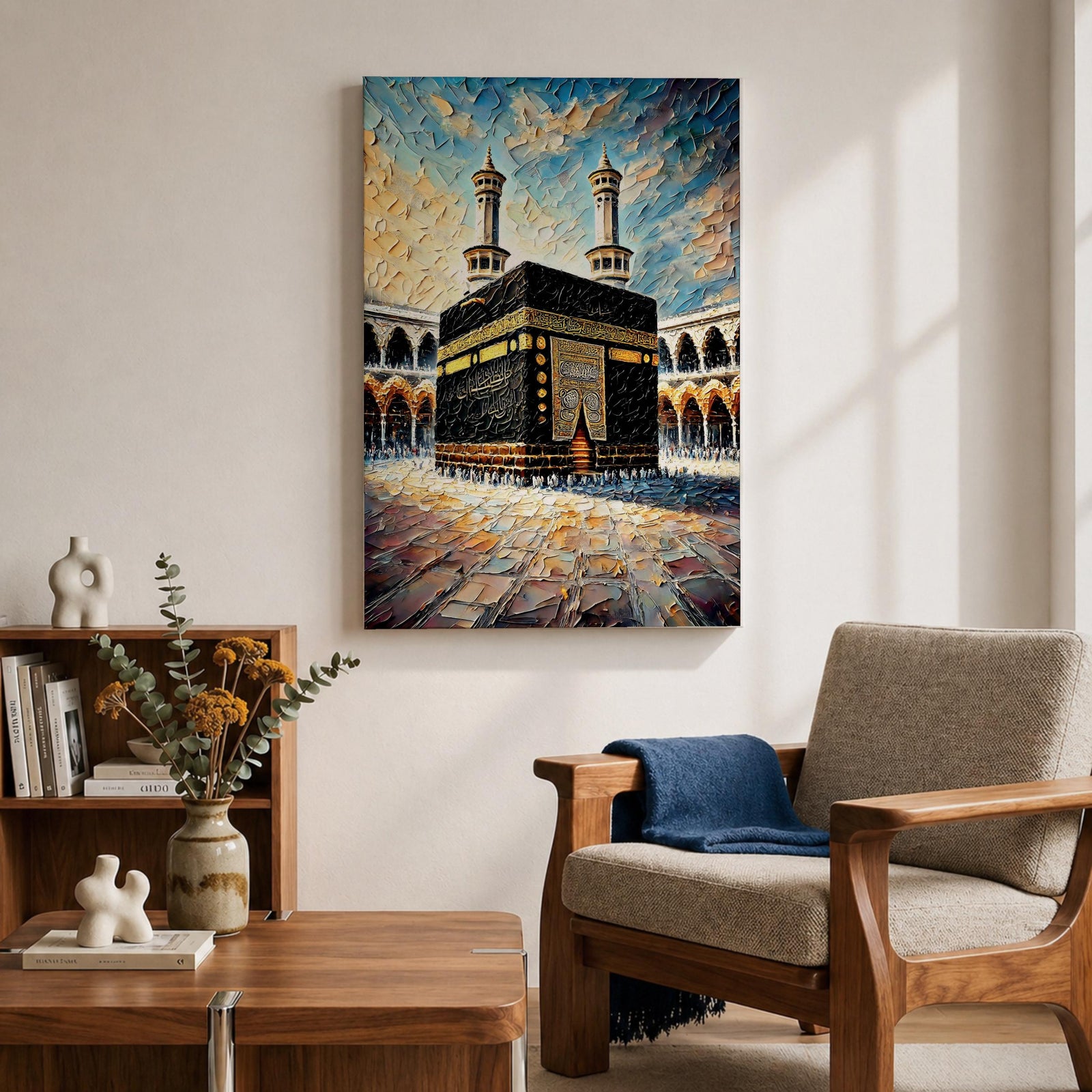 Textured painting of the Kaaba at Masjid Al Haram in Mecca showing the black cube with gold calligraphy bands centered in the mosque courtyard, surrounded by arches and two tall minarets under a dramatic blue sky rendered with thick palette knife textures.