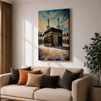 Textured painting of the Kaaba at Masjid Al Haram in Mecca showing the black cube with gold calligraphy bands centered in the mosque courtyard, surrounded by arches and two tall minarets under a dramatic blue sky rendered with thick palette knife textures.