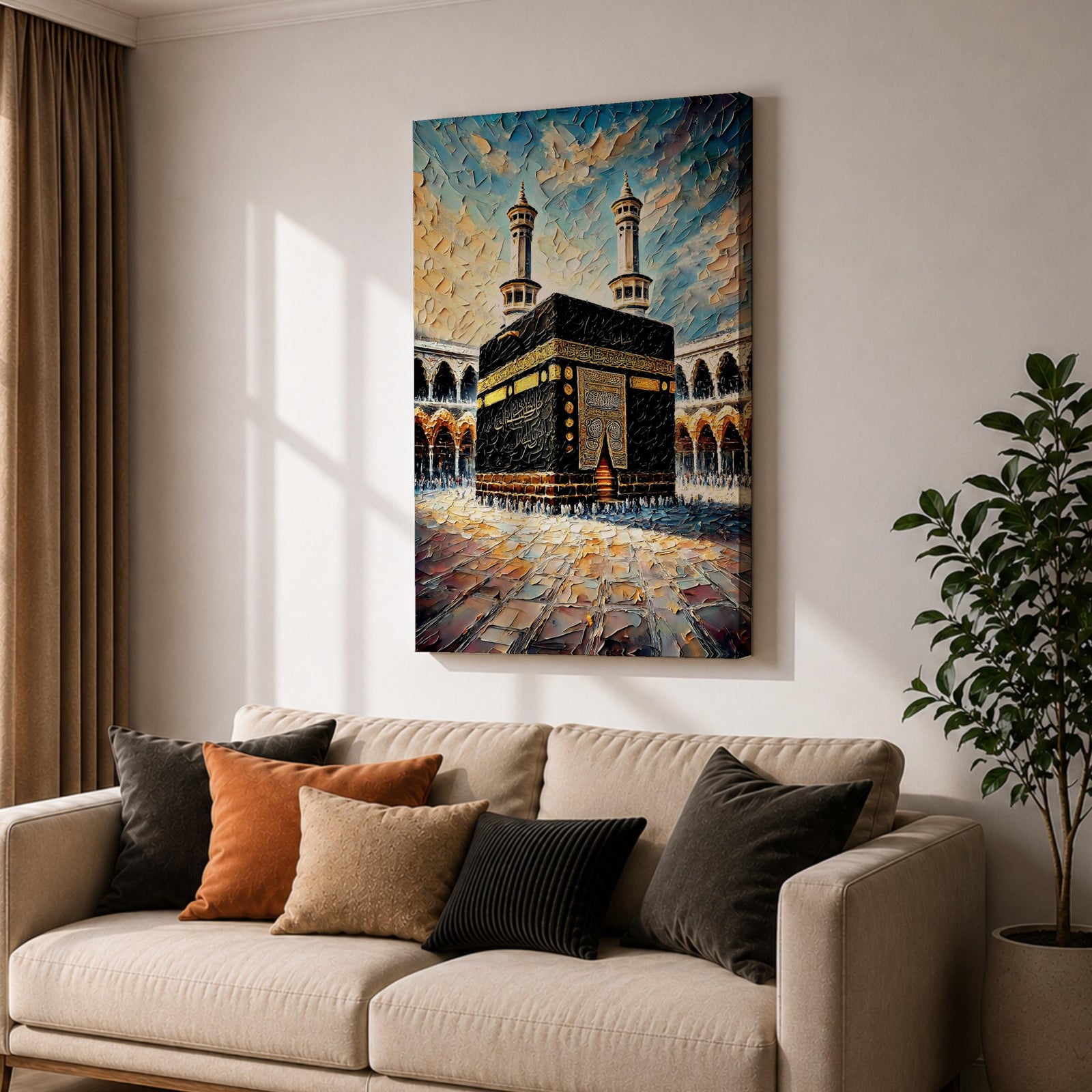 Textured painting of the Kaaba at Masjid Al Haram in Mecca showing the black cube with gold calligraphy bands centered in the mosque courtyard, surrounded by arches and two tall minarets under a dramatic blue sky rendered with thick palette knife textures.