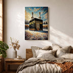 Textured painting of the Kaaba at Masjid Al Haram in Mecca showing the black cube with gold calligraphy bands centered in the mosque courtyard, surrounded by arches and two tall minarets under a dramatic blue sky rendered with thick palette knife textures.
