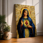Mosaic style devotional artwork of the Virgin Mary with the Sacred Heart glowing on her chest while she raises one hand in blessing, wearing a deep blue mantle and standing before a radiant golden halo made of geometric tiles forming a classic Catholic icon composition.