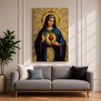 Mosaic style devotional artwork of the Virgin Mary with the Sacred Heart glowing on her chest while she raises one hand in blessing, wearing a deep blue mantle and standing before a radiant golden halo made of geometric tiles forming a classic Catholic icon composition.