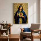 Mosaic style devotional artwork of the Virgin Mary with the Sacred Heart glowing on her chest while she raises one hand in blessing, wearing a deep blue mantle and standing before a radiant golden halo made of geometric tiles forming a classic Catholic icon composition.