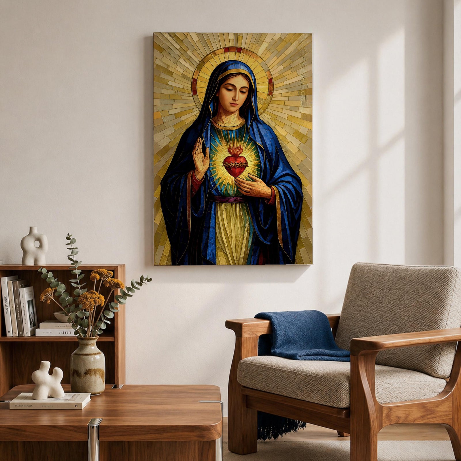 Mosaic style devotional artwork of the Virgin Mary with the Sacred Heart glowing on her chest while she raises one hand in blessing, wearing a deep blue mantle and standing before a radiant golden halo made of geometric tiles forming a classic Catholic icon composition.