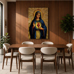 Mosaic style devotional artwork of the Virgin Mary with the Sacred Heart glowing on her chest while she raises one hand in blessing, wearing a deep blue mantle and standing before a radiant golden halo made of geometric tiles forming a classic Catholic icon composition.