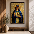 Mosaic style devotional artwork of the Virgin Mary with the Sacred Heart glowing on her chest while she raises one hand in blessing, wearing a deep blue mantle and standing before a radiant golden halo made of geometric tiles forming a classic Catholic icon composition.