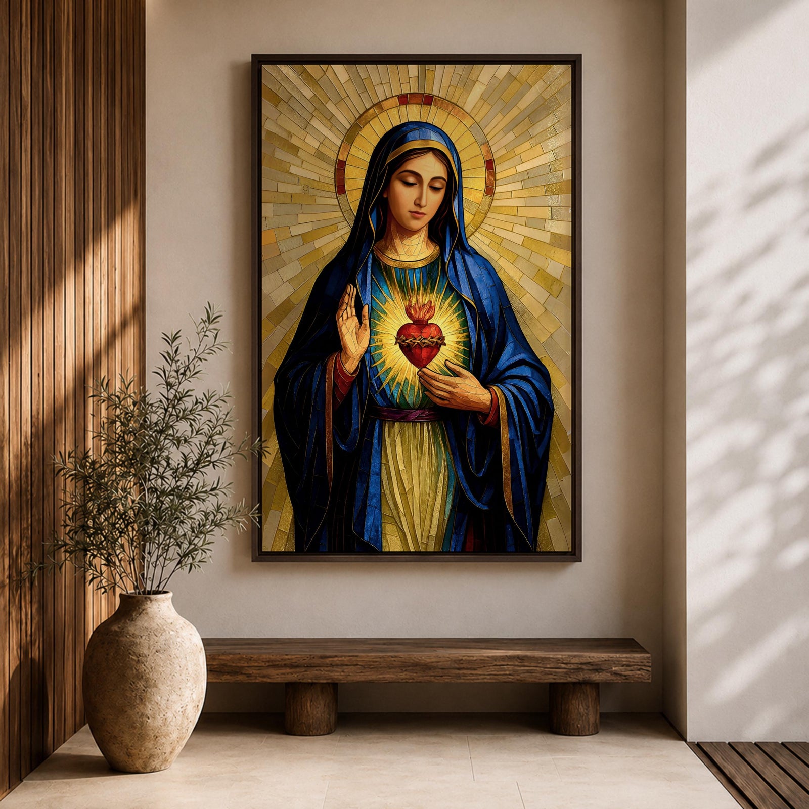 Mosaic style devotional artwork of the Virgin Mary with the Sacred Heart glowing on her chest while she raises one hand in blessing, wearing a deep blue mantle and standing before a radiant golden halo made of geometric tiles forming a classic Catholic icon composition.