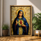 Mosaic style devotional artwork of the Virgin Mary with the Sacred Heart glowing on her chest while she raises one hand in blessing, wearing a deep blue mantle and standing before a radiant golden halo made of geometric tiles forming a classic Catholic icon composition.