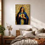 Mosaic style devotional artwork of the Virgin Mary with the Sacred Heart glowing on her chest while she raises one hand in blessing, wearing a deep blue mantle and standing before a radiant golden halo made of geometric tiles forming a classic Catholic icon composition.