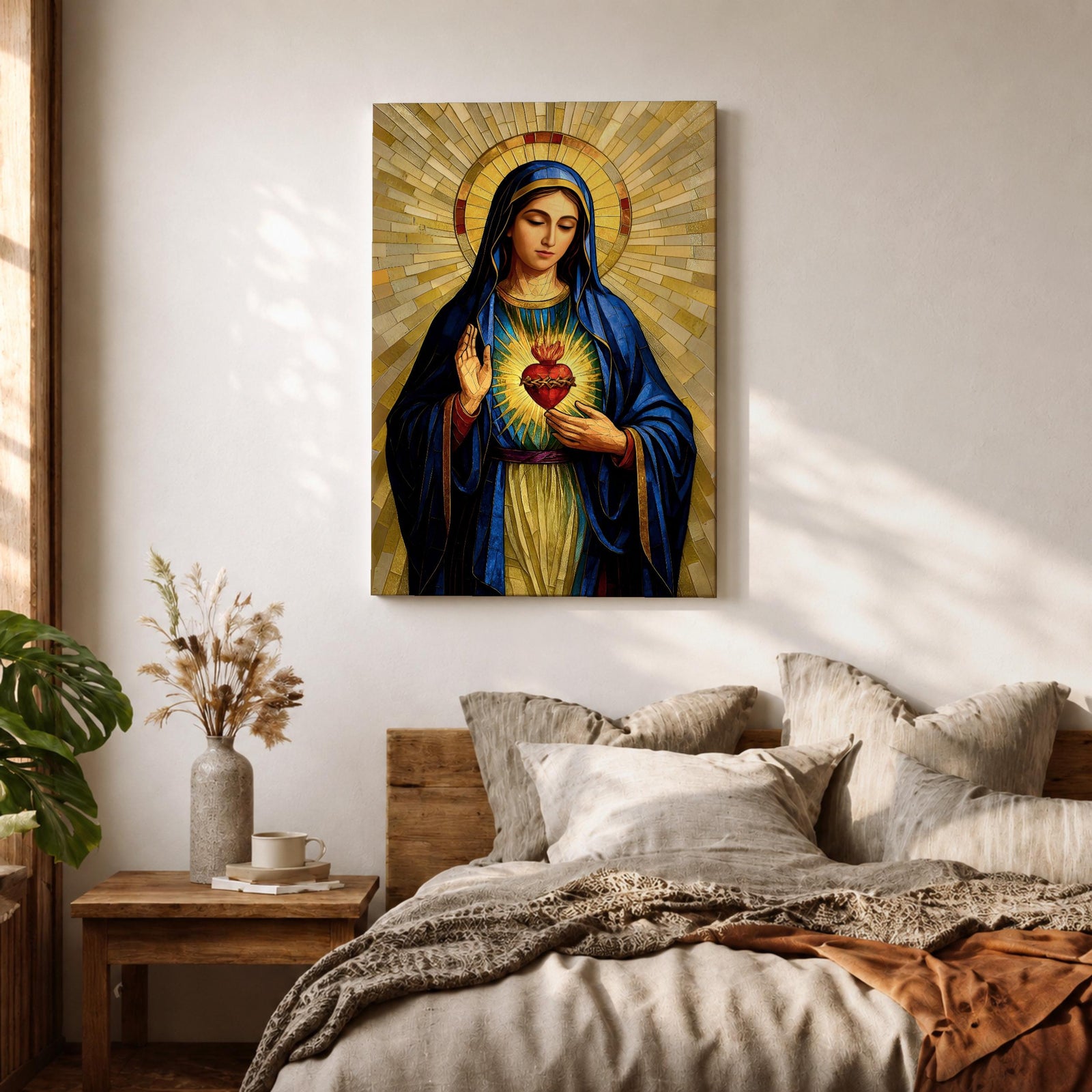 Mosaic style devotional artwork of the Virgin Mary with the Sacred Heart glowing on her chest while she raises one hand in blessing, wearing a deep blue mantle and standing before a radiant golden halo made of geometric tiles forming a classic Catholic icon composition.