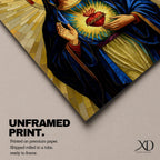 Mosaic style devotional artwork of the Virgin Mary with the Sacred Heart glowing on her chest while she raises one hand in blessing, wearing a deep blue mantle and standing before a radiant golden halo made of geometric tiles forming a classic Catholic icon composition.