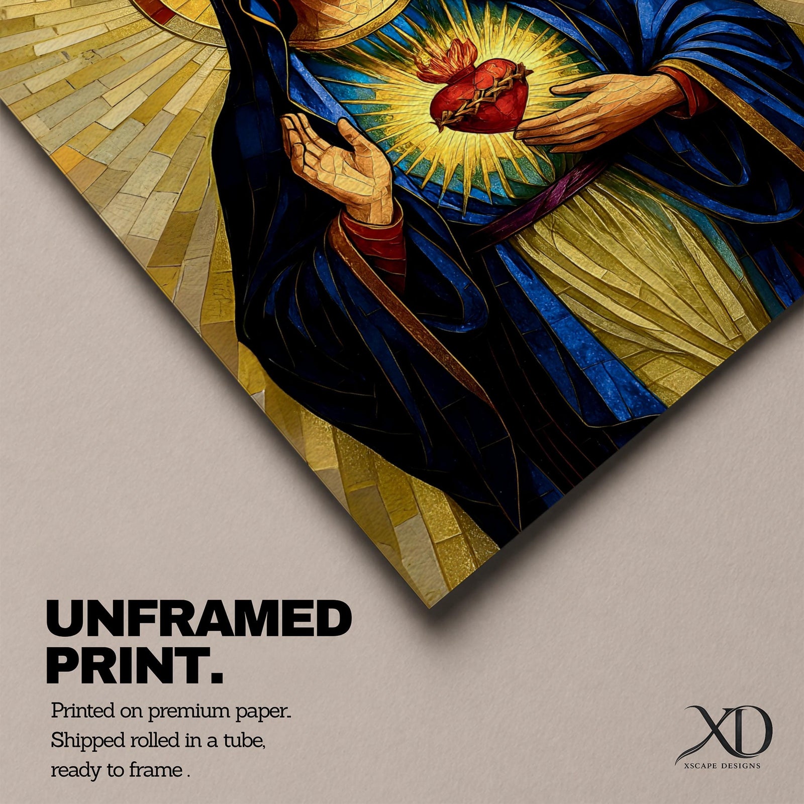 Mosaic style devotional artwork of the Virgin Mary with the Sacred Heart glowing on her chest while she raises one hand in blessing, wearing a deep blue mantle and standing before a radiant golden halo made of geometric tiles forming a classic Catholic icon composition.