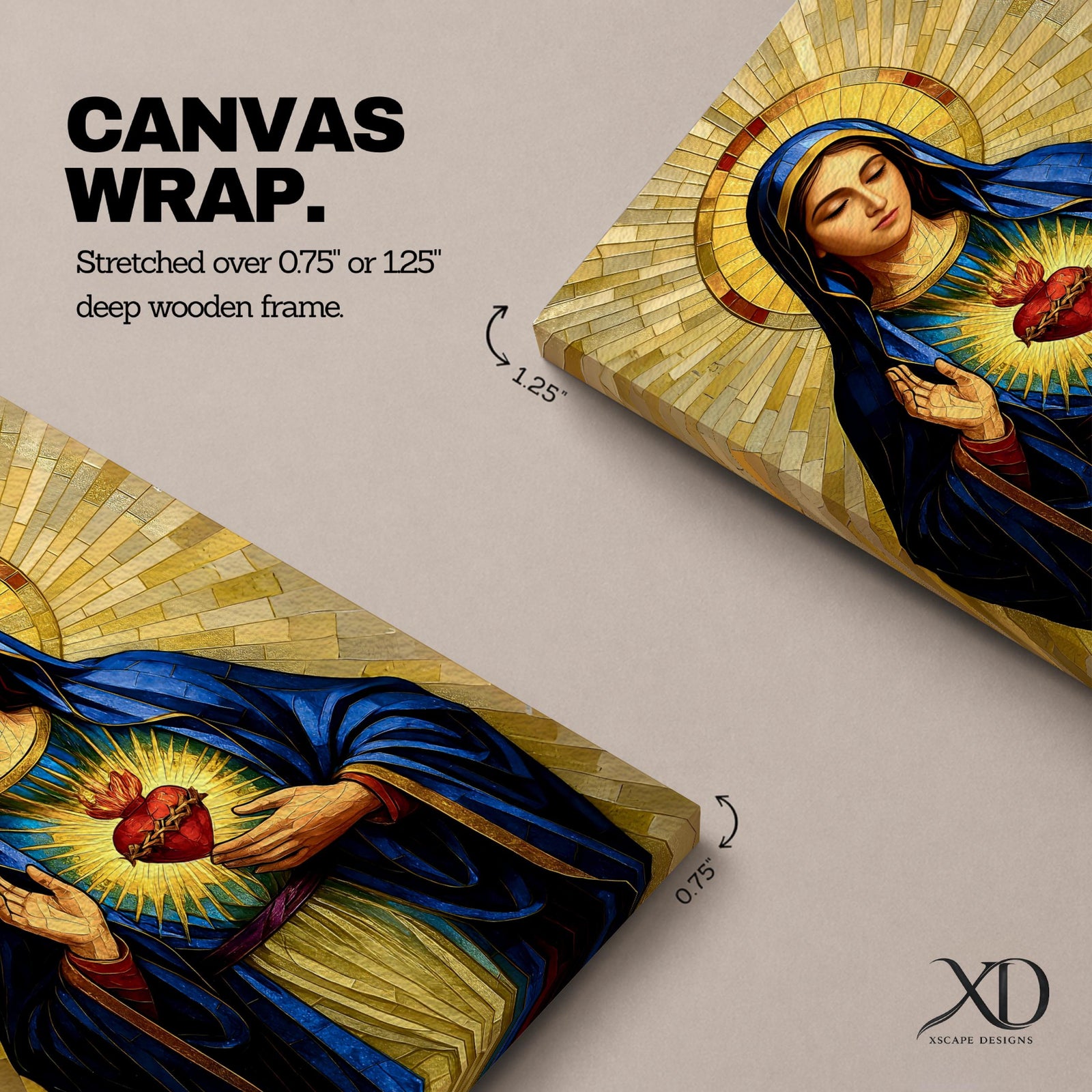 Mosaic style devotional artwork of the Virgin Mary with the Sacred Heart glowing on her chest while she raises one hand in blessing, wearing a deep blue mantle and standing before a radiant golden halo made of geometric tiles forming a classic Catholic icon composition.