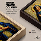 Mosaic style devotional artwork of the Virgin Mary with the Sacred Heart glowing on her chest while she raises one hand in blessing, wearing a deep blue mantle and standing before a radiant golden halo made of geometric tiles forming a classic Catholic icon composition.