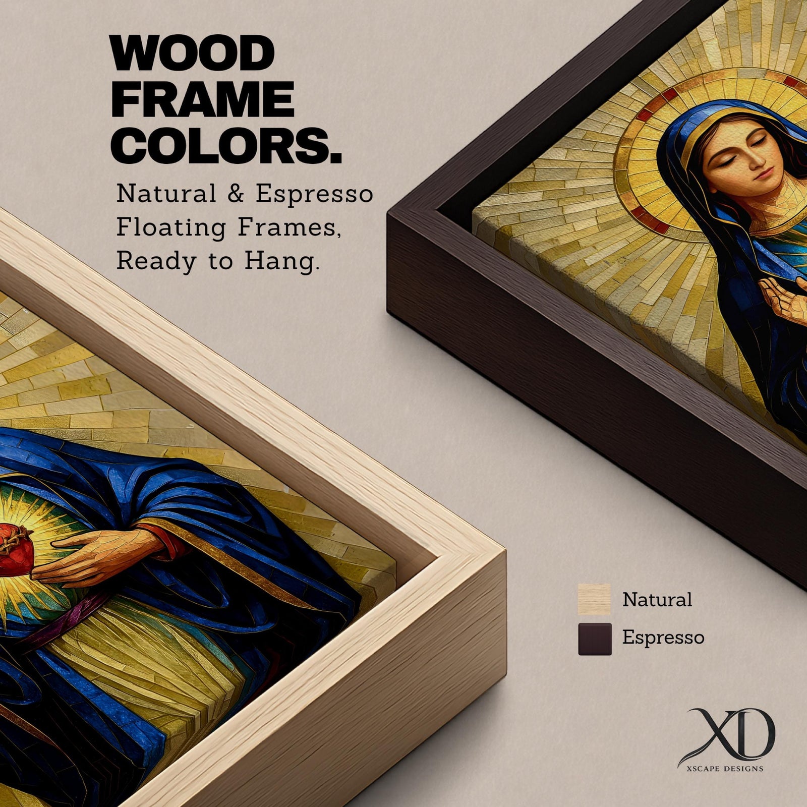 Mosaic style devotional artwork of the Virgin Mary with the Sacred Heart glowing on her chest while she raises one hand in blessing, wearing a deep blue mantle and standing before a radiant golden halo made of geometric tiles forming a classic Catholic icon composition.
