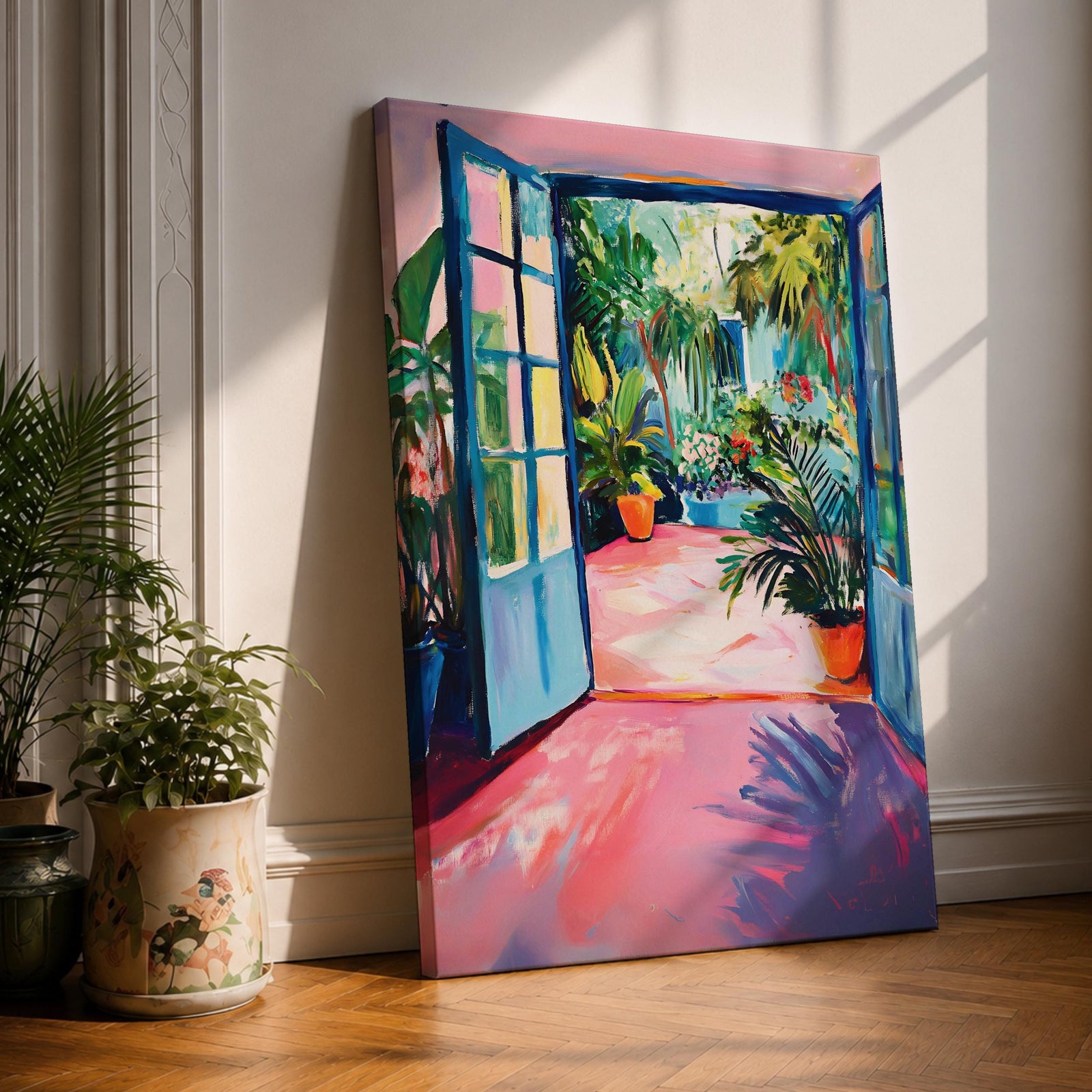A vibrant watercolor painting depicting an open blue door leading to a lush tropical courtyard filled with potted plants and greenery. The scene captures a garden patio ambiance with loose brushstrokes and bright colors emphasizing the natural foliage and inviting outdoor space.