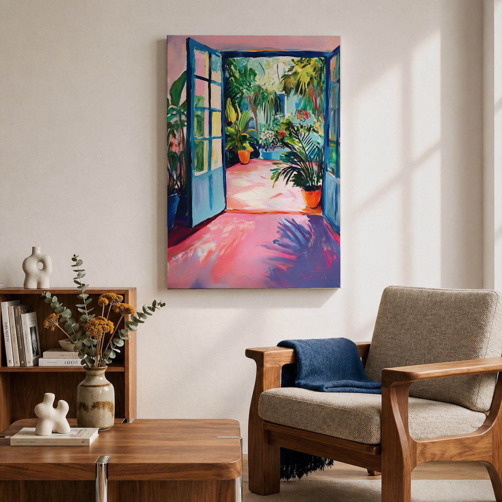 A vibrant watercolor painting depicting an open blue door leading to a lush tropical courtyard filled with potted plants and greenery. The scene captures a garden patio ambiance with loose brushstrokes and bright colors emphasizing the natural foliage and inviting outdoor space.