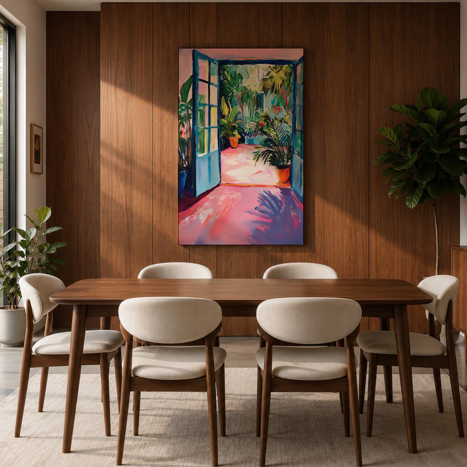 A vibrant watercolor painting depicting an open blue door leading to a lush tropical courtyard filled with potted plants and greenery. The scene captures a garden patio ambiance with loose brushstrokes and bright colors emphasizing the natural foliage and inviting outdoor space.