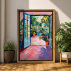 A vibrant watercolor painting depicting an open blue door leading to a lush tropical courtyard filled with potted plants and greenery. The scene captures a garden patio ambiance with loose brushstrokes and bright colors emphasizing the natural foliage and inviting outdoor space.