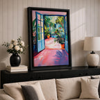 A vibrant watercolor painting depicting an open blue door leading to a lush tropical courtyard filled with potted plants and greenery. The scene captures a garden patio ambiance with loose brushstrokes and bright colors emphasizing the natural foliage and inviting outdoor space.