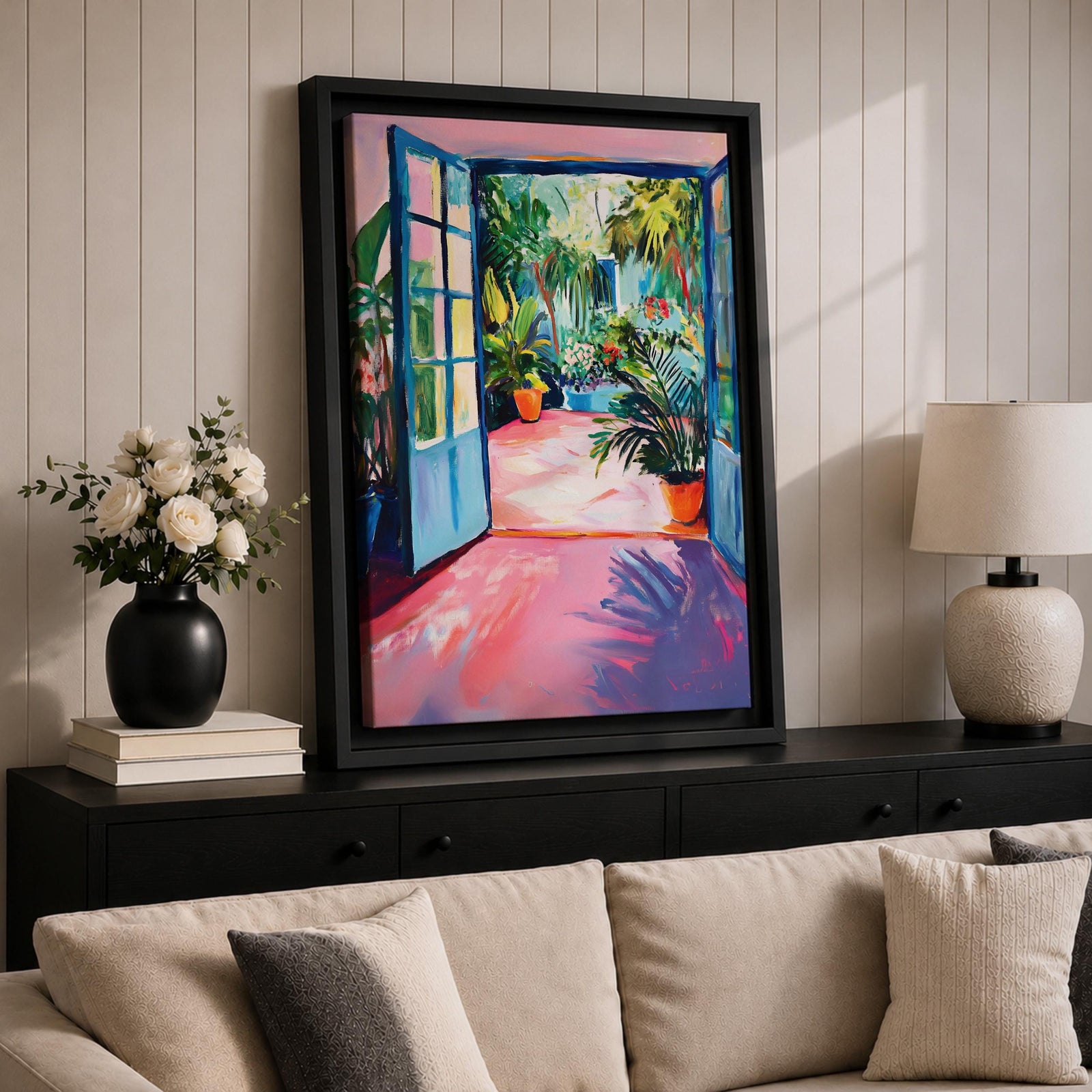 A vibrant watercolor painting depicting an open blue door leading to a lush tropical courtyard filled with potted plants and greenery. The scene captures a garden patio ambiance with loose brushstrokes and bright colors emphasizing the natural foliage and inviting outdoor space.