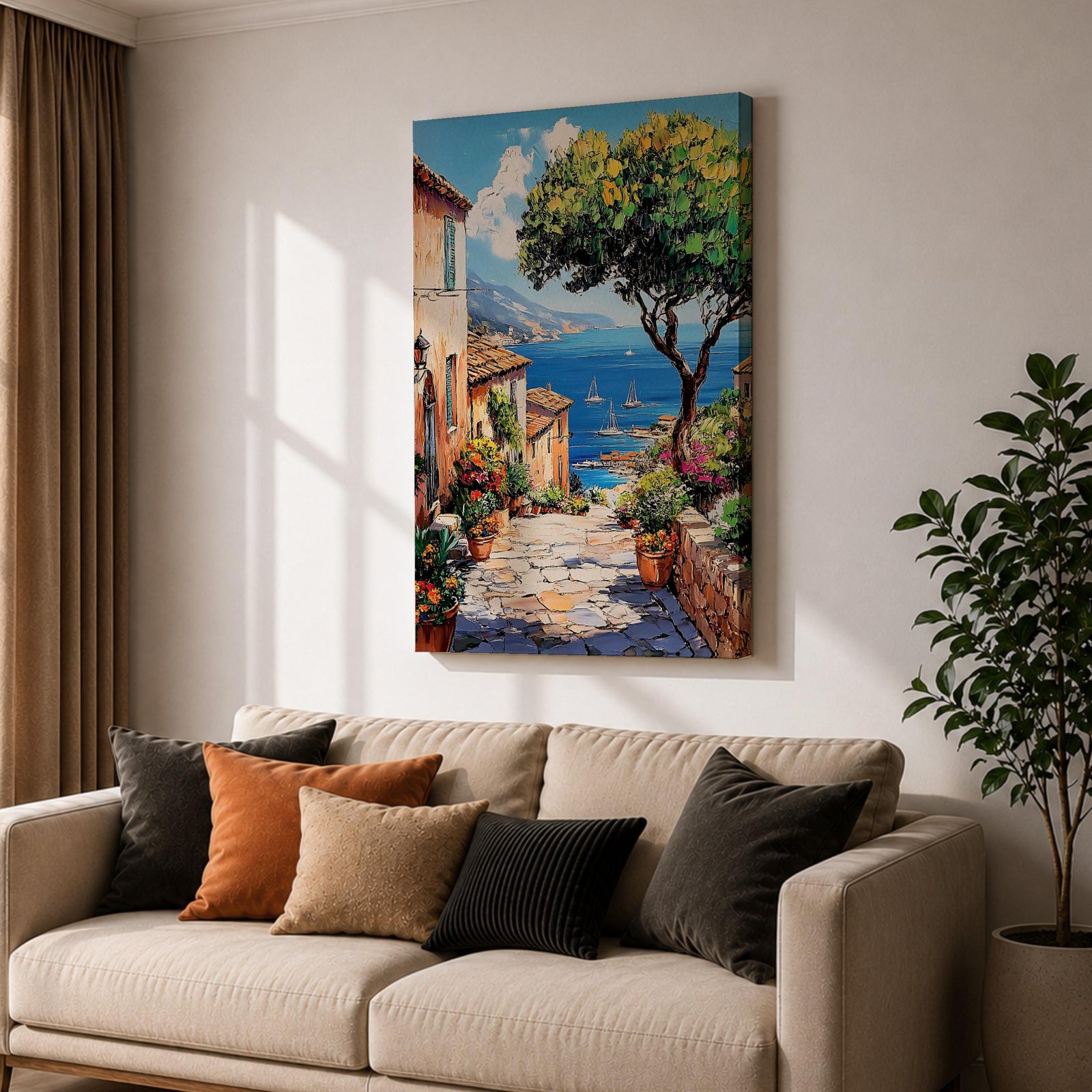 A vibrant framed canvas painting depicting a charming coastal village with stone-paved streets, terracotta rooftops, lush greenery, colorful flowers, and sailboats on a deep blue sea under a clear sky, rendered in a detailed, realistic style capturing Mediterranean summer ambiance.