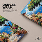 A vibrant framed canvas painting depicting a charming coastal village with stone-paved streets, terracotta rooftops, lush greenery, colorful flowers, and sailboats on a deep blue sea under a clear sky, rendered in a detailed, realistic style capturing Mediterranean summer ambiance.
