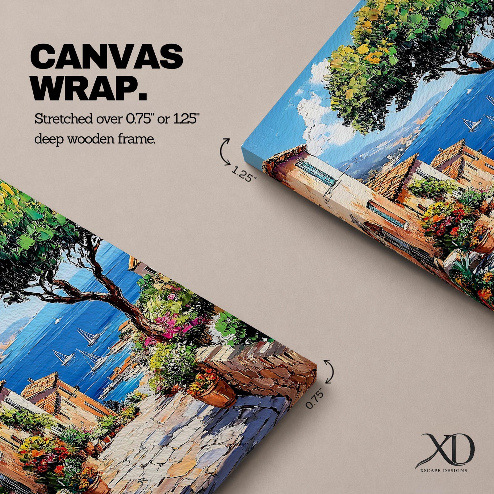 A vibrant framed canvas painting depicting a charming coastal village with stone-paved streets, terracotta rooftops, lush greenery, colorful flowers, and sailboats on a deep blue sea under a clear sky, rendered in a detailed, realistic style capturing Mediterranean summer ambiance.
