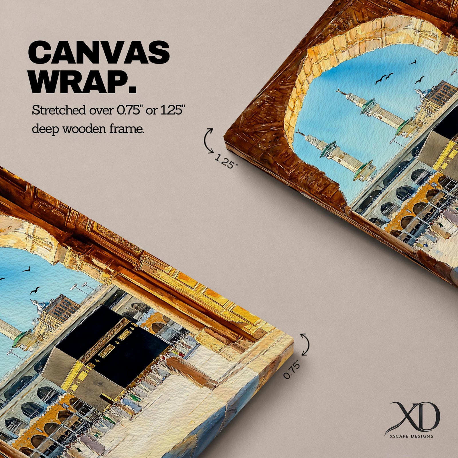 Watercolor style artwork showing the Kaaba at Masjid Al Haram in Mecca framed through a large golden mosque arch, with pilgrims gathered around the courtyard and two tall minarets rising against a clear blue sky.