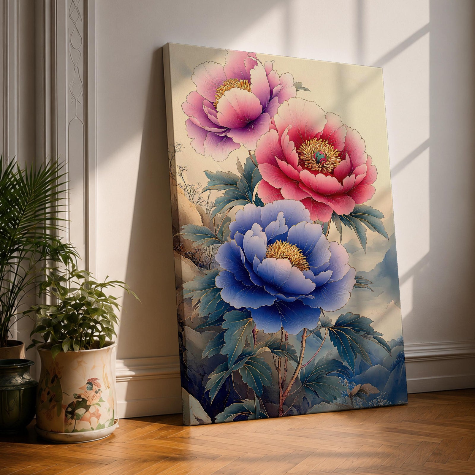 A detailed watercolor painting of three large peony flowers in pink, purple, and blue hues with lush green leaves. The composition highlights the delicate petals and botanical elements in a soft, naturalistic style with a subtle Japanese influence.