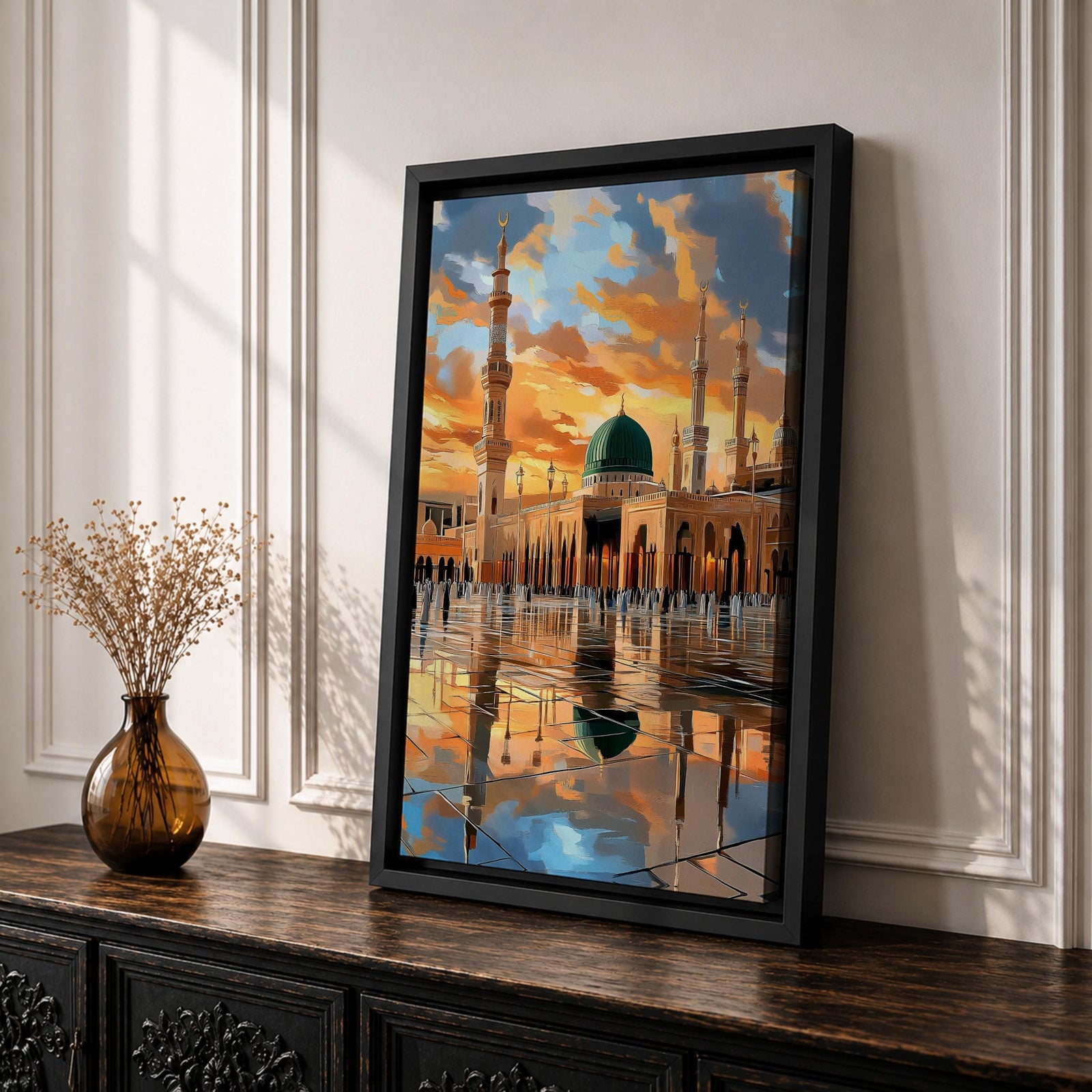 Painting of Masjid Al Nabawi in Medina featuring the iconic green dome and tall minarets glowing beneath a dramatic sunset sky, with reflections across the polished courtyard and worshippers walking through the sacred mosque plaza.