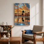 Painting of Masjid Al Nabawi in Medina featuring the iconic green dome and tall minarets glowing beneath a dramatic sunset sky, with reflections across the polished courtyard and worshippers walking through the sacred mosque plaza.