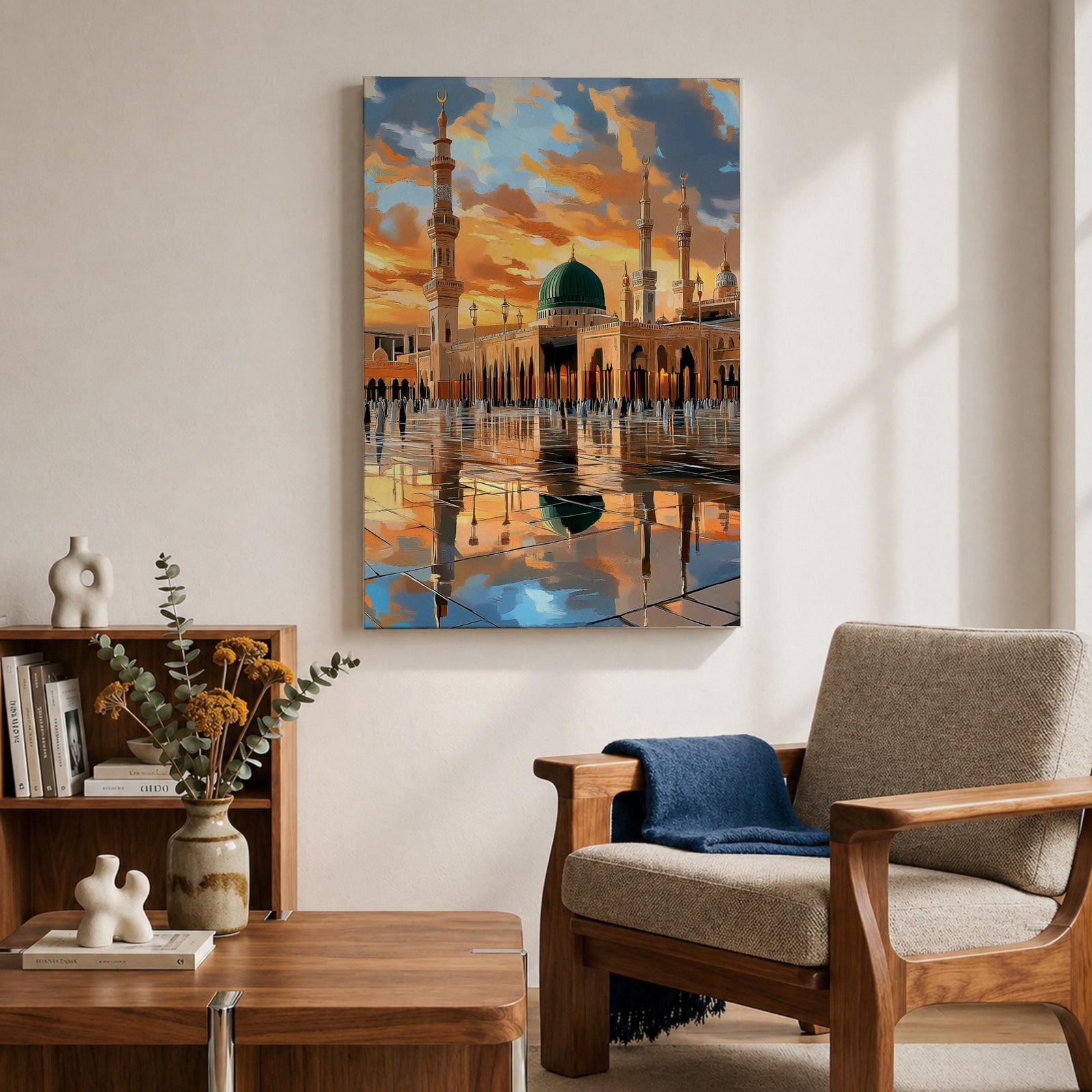 Painting of Masjid Al Nabawi in Medina featuring the iconic green dome and tall minarets glowing beneath a dramatic sunset sky, with reflections across the polished courtyard and worshippers walking through the sacred mosque plaza.