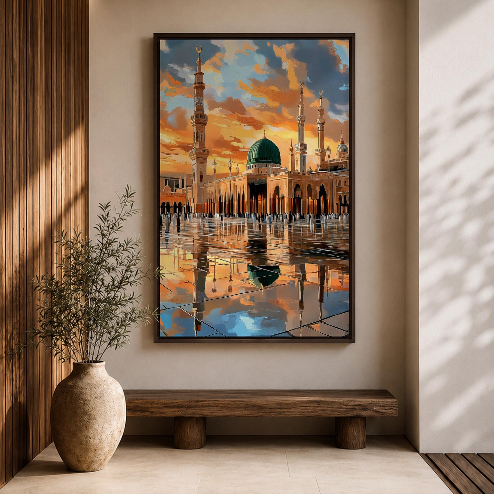 Painting of Masjid Al Nabawi in Medina featuring the iconic green dome and tall minarets glowing beneath a dramatic sunset sky, with reflections across the polished courtyard and worshippers walking through the sacred mosque plaza.