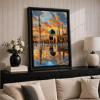 Painting of Masjid Al Nabawi in Medina featuring the iconic green dome and tall minarets glowing beneath a dramatic sunset sky, with reflections across the polished courtyard and worshippers walking through the sacred mosque plaza.