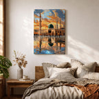 Painting of Masjid Al Nabawi in Medina featuring the iconic green dome and tall minarets glowing beneath a dramatic sunset sky, with reflections across the polished courtyard and worshippers walking through the sacred mosque plaza.