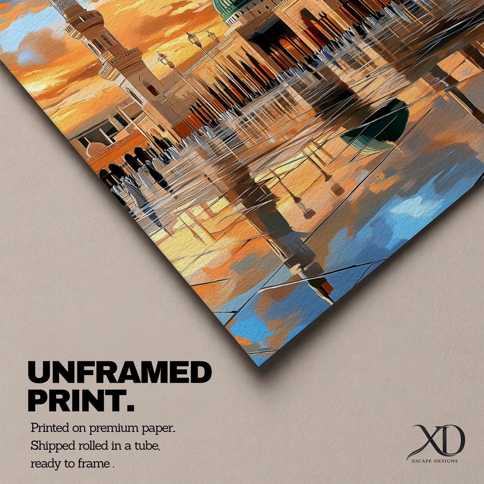 Painting of Masjid Al Nabawi in Medina featuring the iconic green dome and tall minarets glowing beneath a dramatic sunset sky, with reflections across the polished courtyard and worshippers walking through the sacred mosque plaza.
