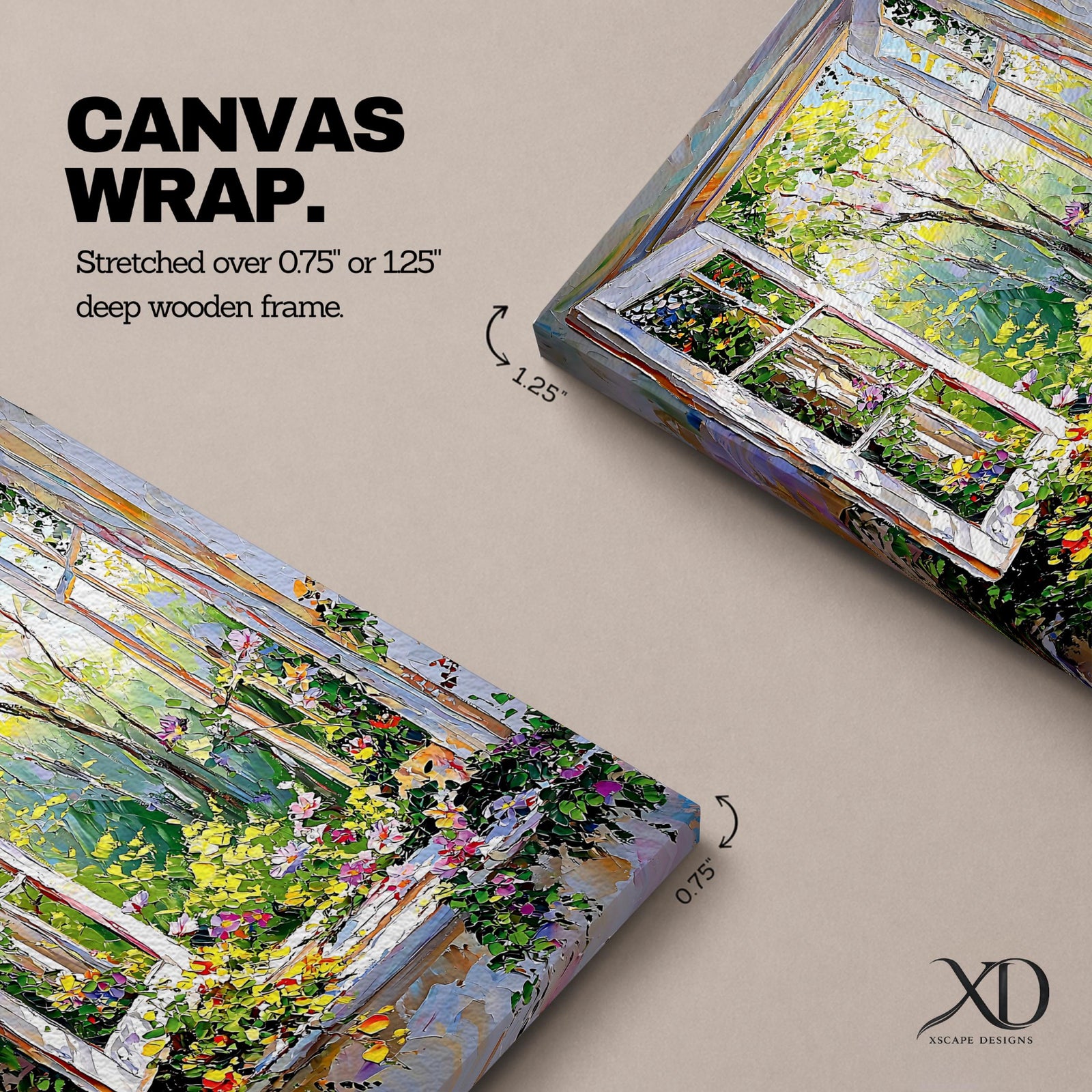 This artwork depicts an open window revealing a lush garden scene filled with vibrant flowers and greenery. The style is impressionistic with thick, textured brushstrokes creating a lively and colorful natural landscape framed by the window structure.