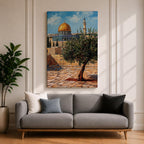 Painting of the golden Dome of the Rock beside Masjid Al Aqsa in Jerusalem with a prominent olive tree in the foreground, ancient stone courtyard walls, and the iconic Islamic shrine rising beneath a bright blue sky.